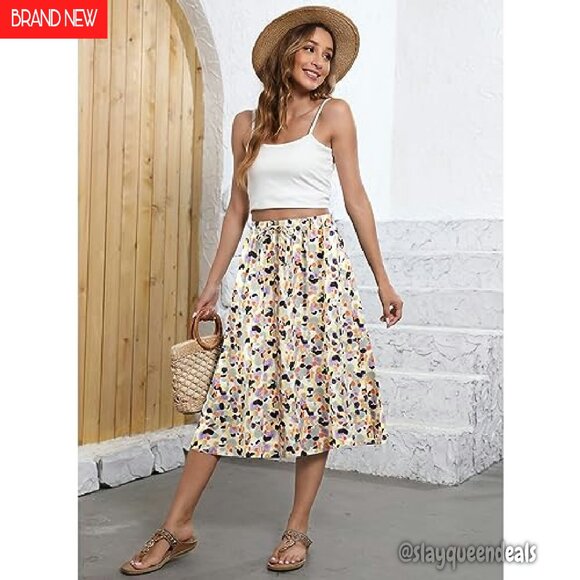 Flowy Midi Skirt with Pockets Elastic Waist A-Line Boho Style - Picture 6 of 8